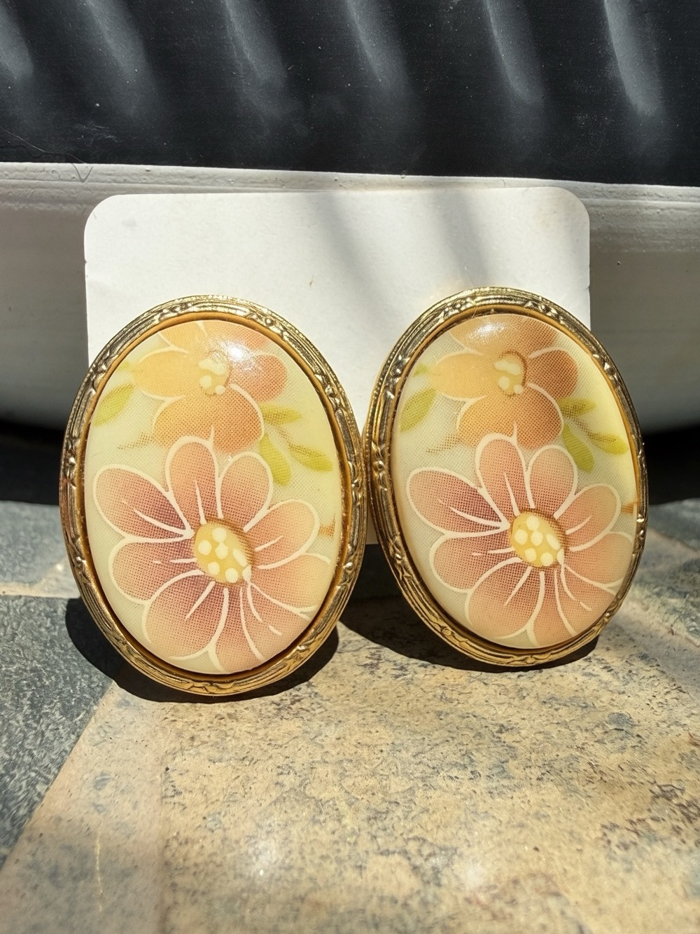 Vintage 1928 Floral Clip On Earrings Gold Tone Oval Cottagecore
